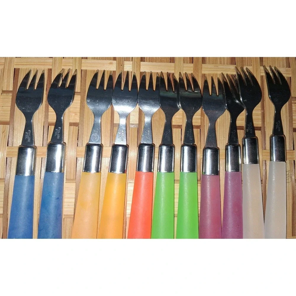 Vintage MCM Lucite Style Handle Cocktail Seafood Forks Set of 11 Rainbow Stainle